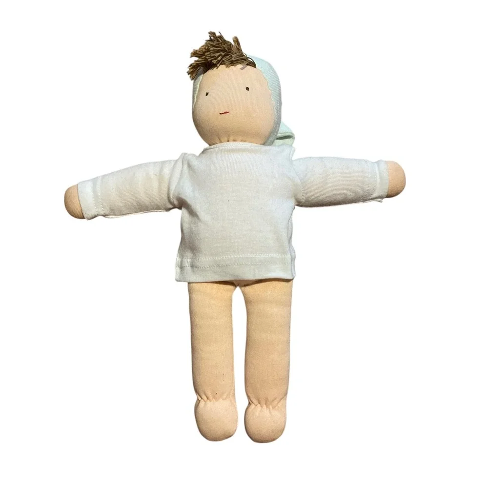 Waldorf Style Soft Plush Doll 13 Inch Handmade Fabric Toy Green Cap White Shirt